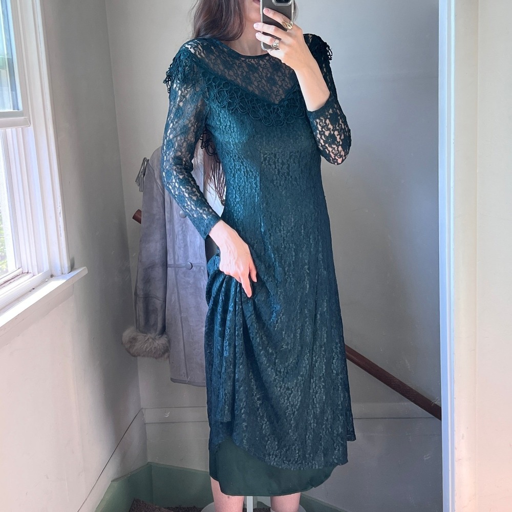 Vintage‎ Floral Lace Overlay Midi Dress Witchy Victorian Gothic Emerald Green